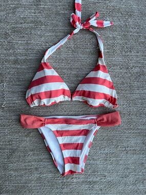 Victoria's Secret Vintage Coral White Stripe Triangle Bikini Set Bottom S Top L